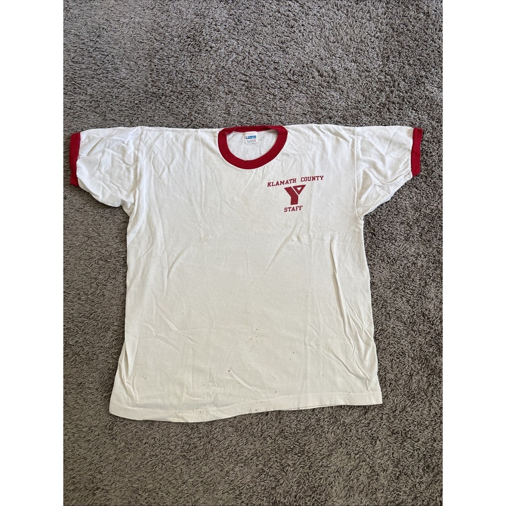 Vintage Champion T-Shirt Mens Medium White Red Ringer Klamath County YMCA Staff - Picture 1 of 10